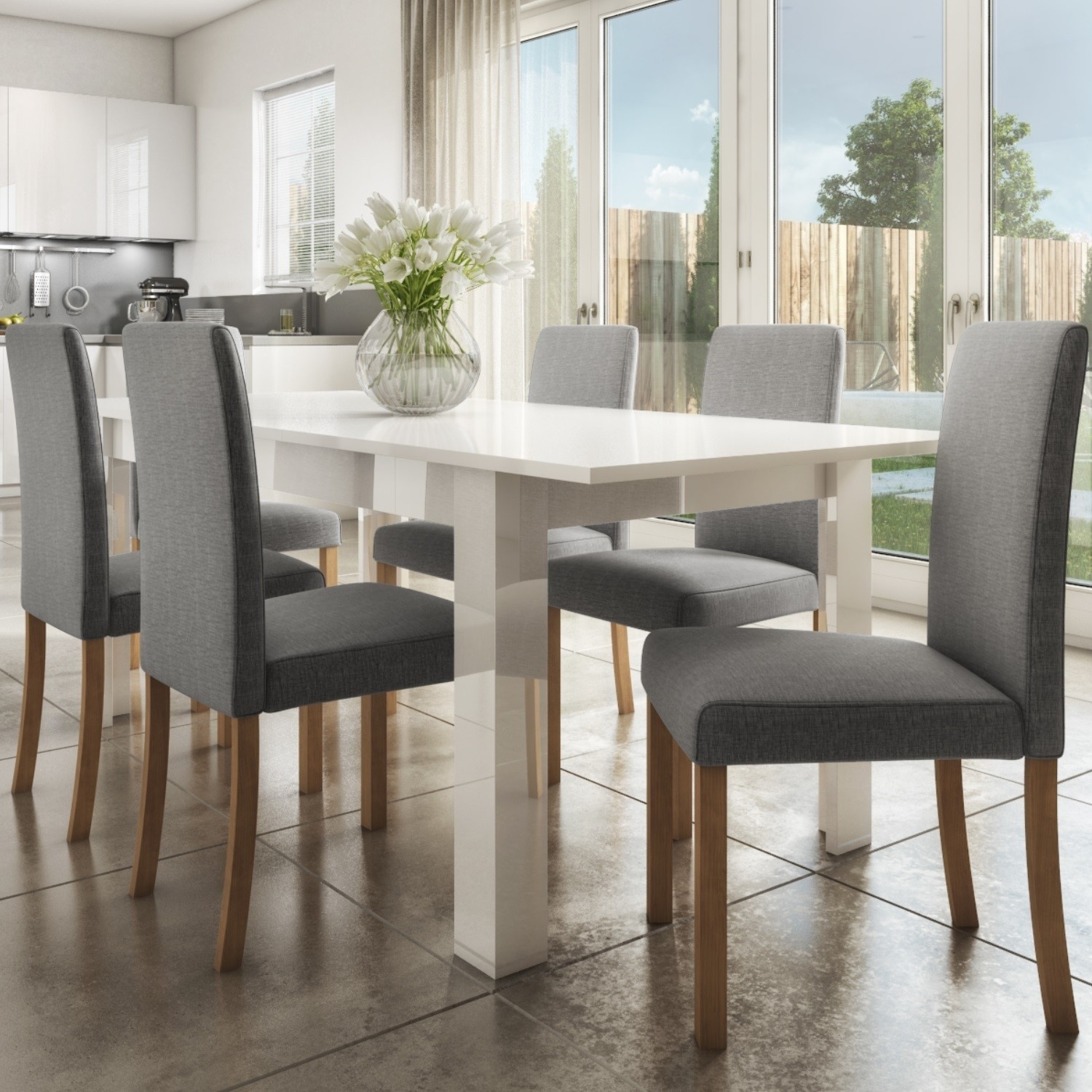 Vivienne White High Gloss Kitchen Dining Table 6 Grey Fabric