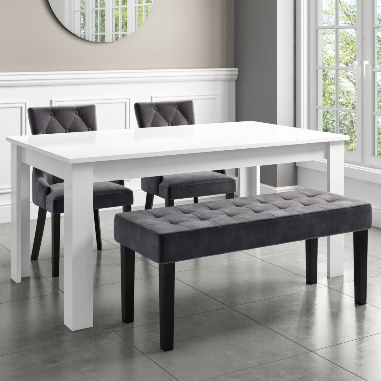 Extendable Dining Table in White High Gloss with 2 Grey Velvet BUN