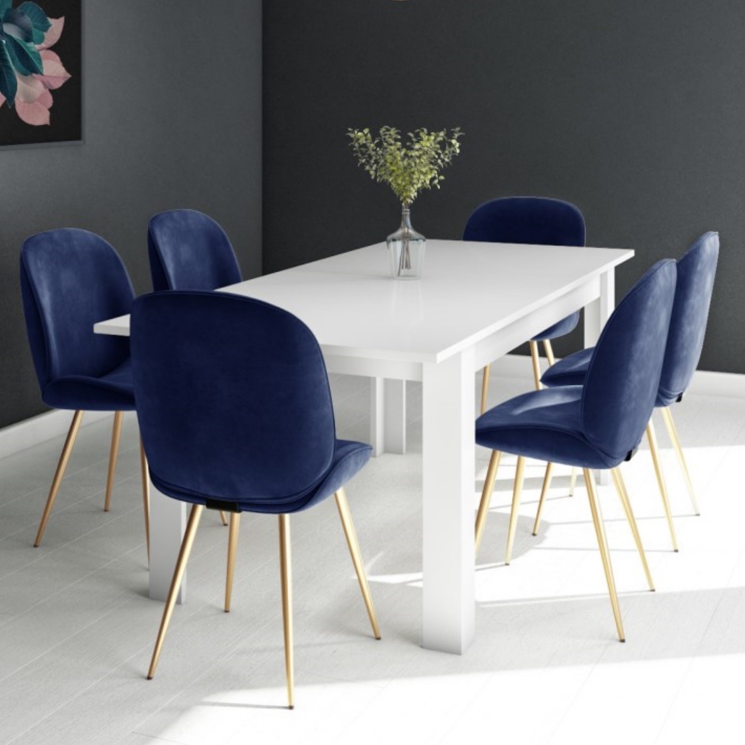 White Extendable Dining Table with 6 Gold & Blue Velvet Chairs BUN