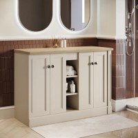 1200mm Beige Freestanding Double Vanity Unit with Wood Worktop - Windsor