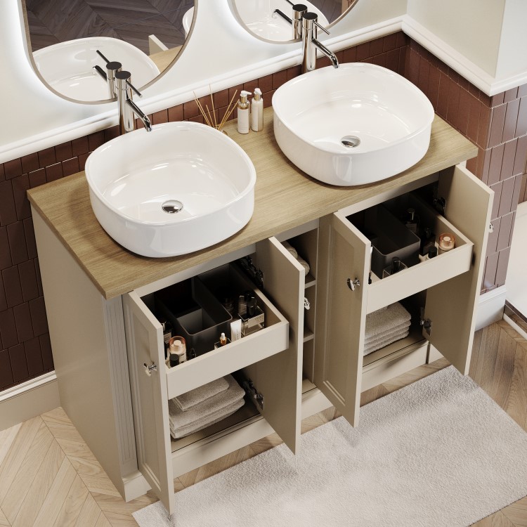 1200mm Beige Freestanding Double Countertop Vanity Unit with Basin and Wood Worktop - Windsor