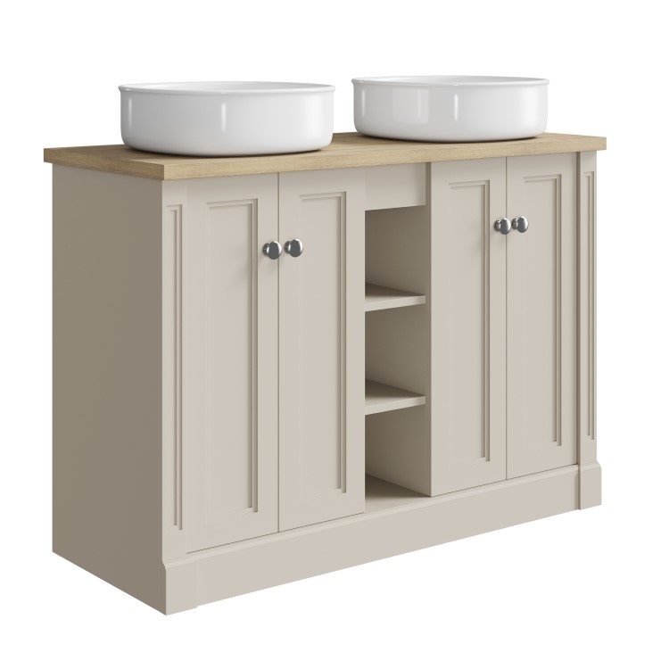 1200mm Beige Freestanding Double Countertop Vanity Unit with Basin and Wood Worktop - Windsor