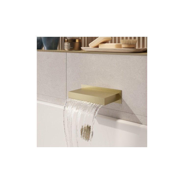 Brushed Brass 3 Outlet Wall Mounted Thermostatic Mixer Shower Set With Hand Shower and Waterfall Bath Filler Spout -Zana