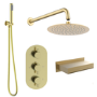 Brushed Brass 3 Outlet Wall Mounted Thermostatic Mixer Shower Set With Hand Shower and Waterfall Bath Filler Spout -Zana