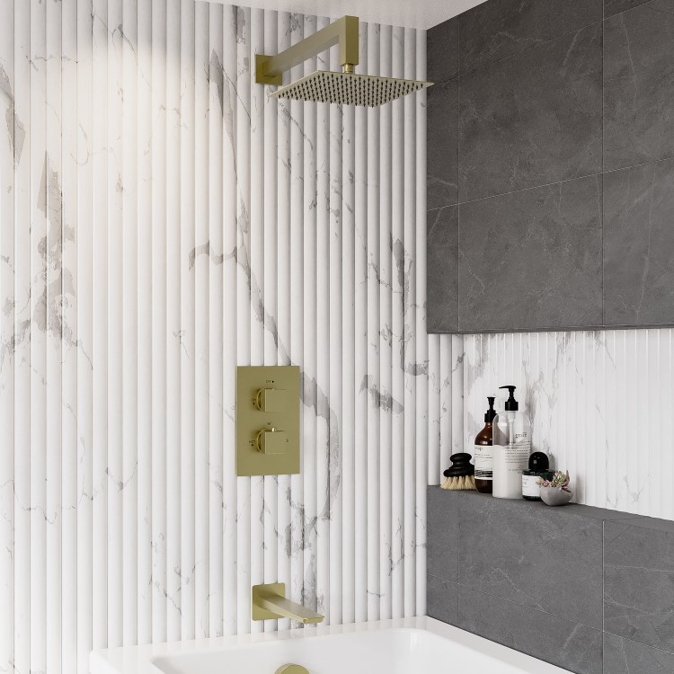 Brushed Brass 2 Outlet Bath Mixer Shower Set with Wall Mounted 200mm Shower Head and Bath Filler Spout - Zana