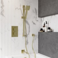 Brushed Brass 2 Outlet Thermostatic Bath Mixer Shower Set With Hand Shower and Bath Filler Spout - Zana Brushed Brass 2 Outlet Thermostatic Bath Mixer Shower Set With Hand Shower and Bath Filler Spout - Zana