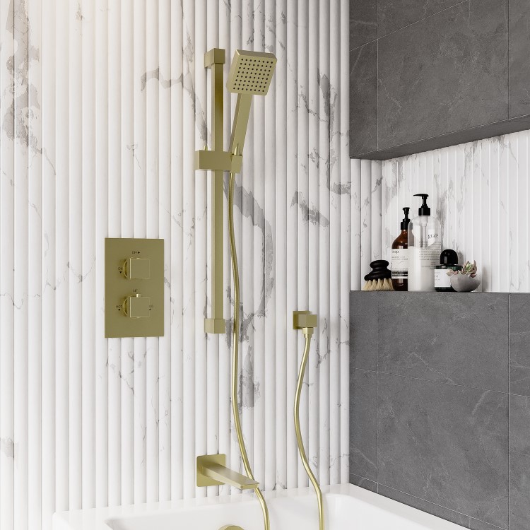 Brushed Brass 2 Outlet Thermostatic Bath Mixer Shower Set With Hand Shower and Bath Filler Spout - Zana