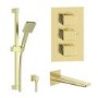 Brushed Brass 2 Outlet Thermostatic Bath Mixer Shower Set With Hand Shower and Bath Filler Spout - Zana