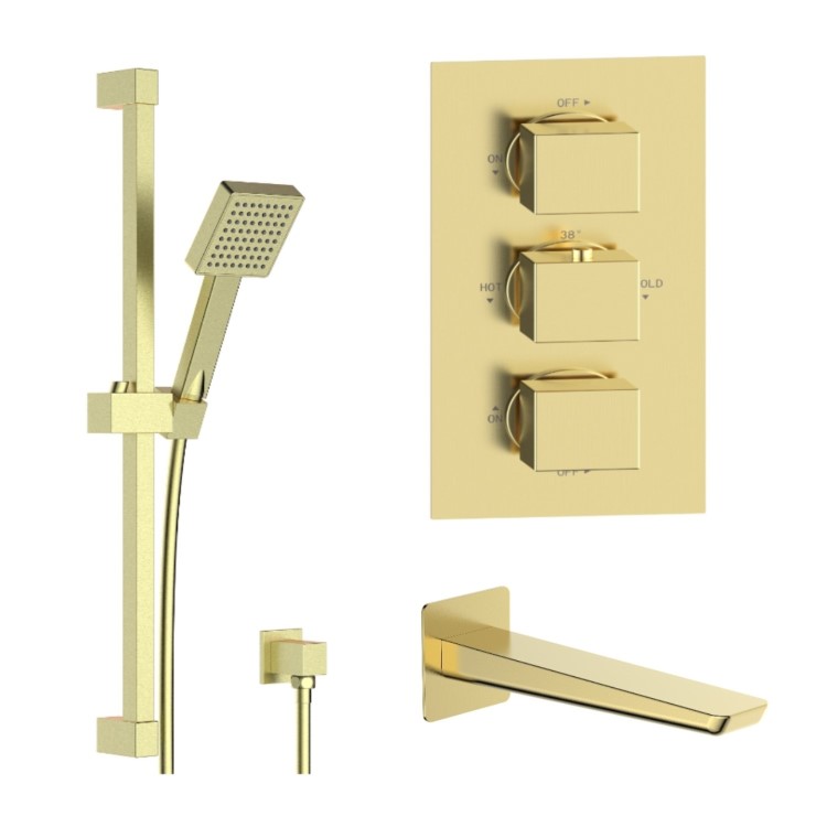 Brushed Brass 2 Outlet Thermostatic Bath Mixer Shower Set With Hand Shower and Bath Filler Spout - Zana