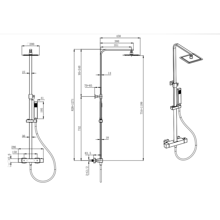 Gun Metal Thermostatic Bar Mixer Shower Set with Slide Rail Kit & Hand Shower - Zana