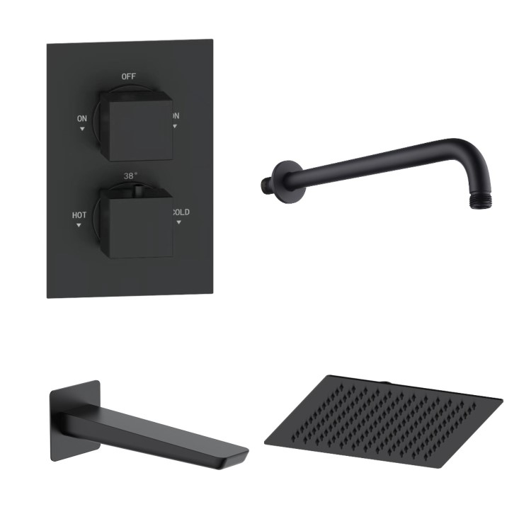 Black 2 Outlet Bath Mixer Shower Set with Wall Mounted 250mm Shower Head and Bath Spout - Zana