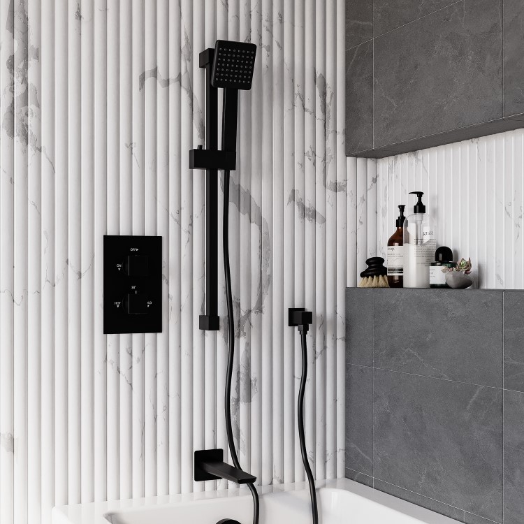 Black 2 Outlet Thermostatic Bath Mixer Shower Set With Hand Shower and Bath Filler Spout - Zana