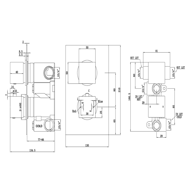 Matt Black 2 Outlet Shower With Wall Mounted 250mm Shower Head and Bath Spout - Zana