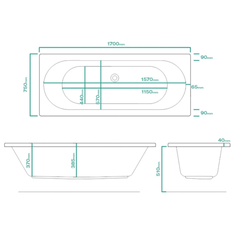 Double Ended Whirlpool Spa Bath with 8 Chrome Whirlpool Jets 1700 x 750mm - Burford