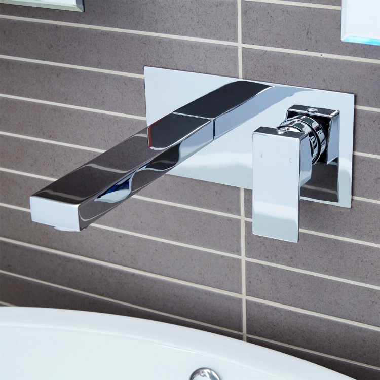 Chrome Wall Mounted Bath and Wall Mounted Basin Tap Set - Cube