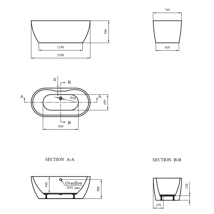 Freestanding Double Ended Bath 1550 x 745mm - Lisbon