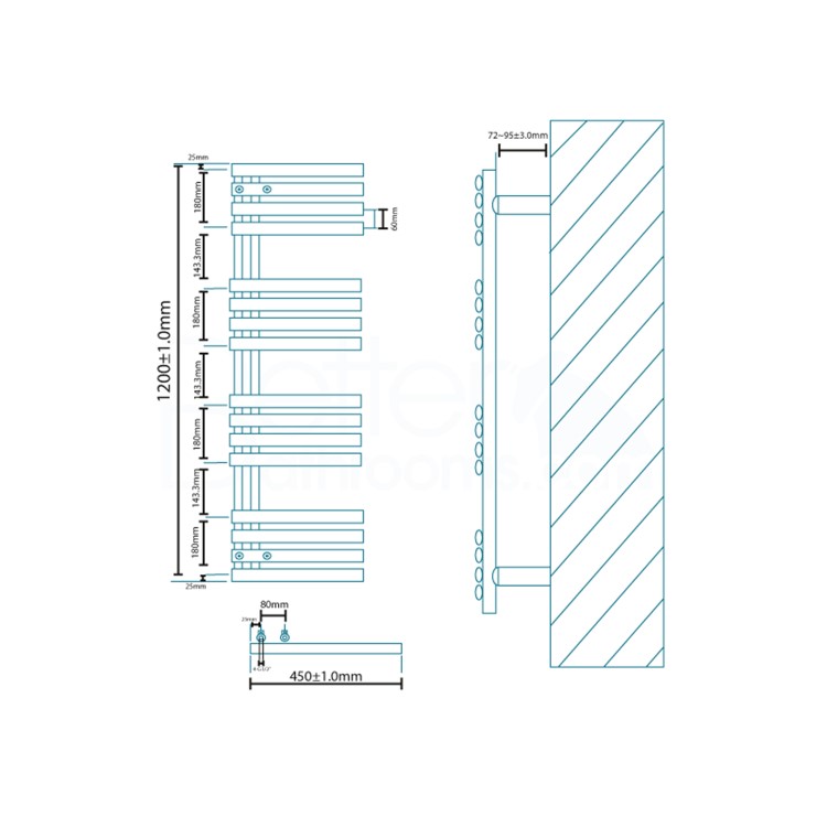 Finesse Designer 1200 x 450mm Chrome Heated Towel Rail