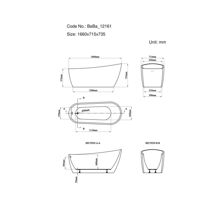 Freestanding Single Ended Slipper Bath 1660 x 715mm - Design