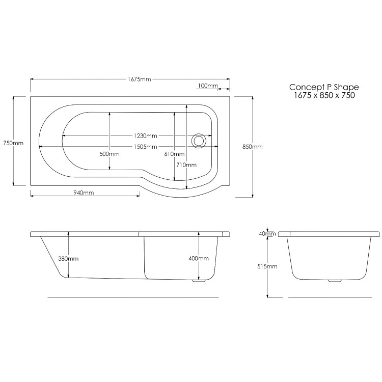 Dee Right Hand P Shape Shower Bath - 1675 x 850mm