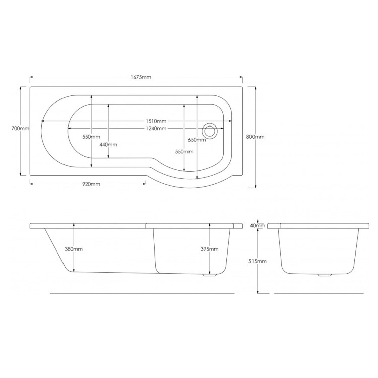 GRADE A2 - Dee Right Hand P Shape Shower Bath - 1675 x 800mm