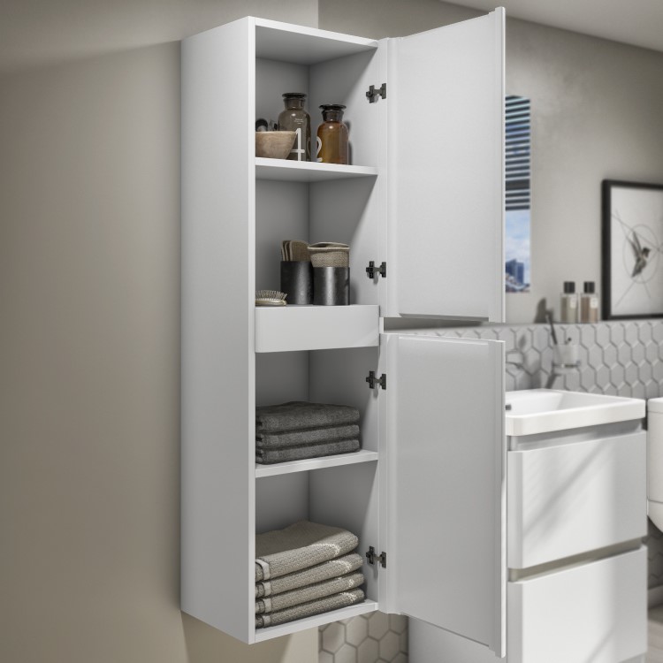 Wall Hung Tall Boy Storage Unit 1400mm - White Gloss - Portland
