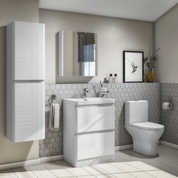 Wall Hung Tall Boy Storage Unit 1400mm - White Gloss - Portland