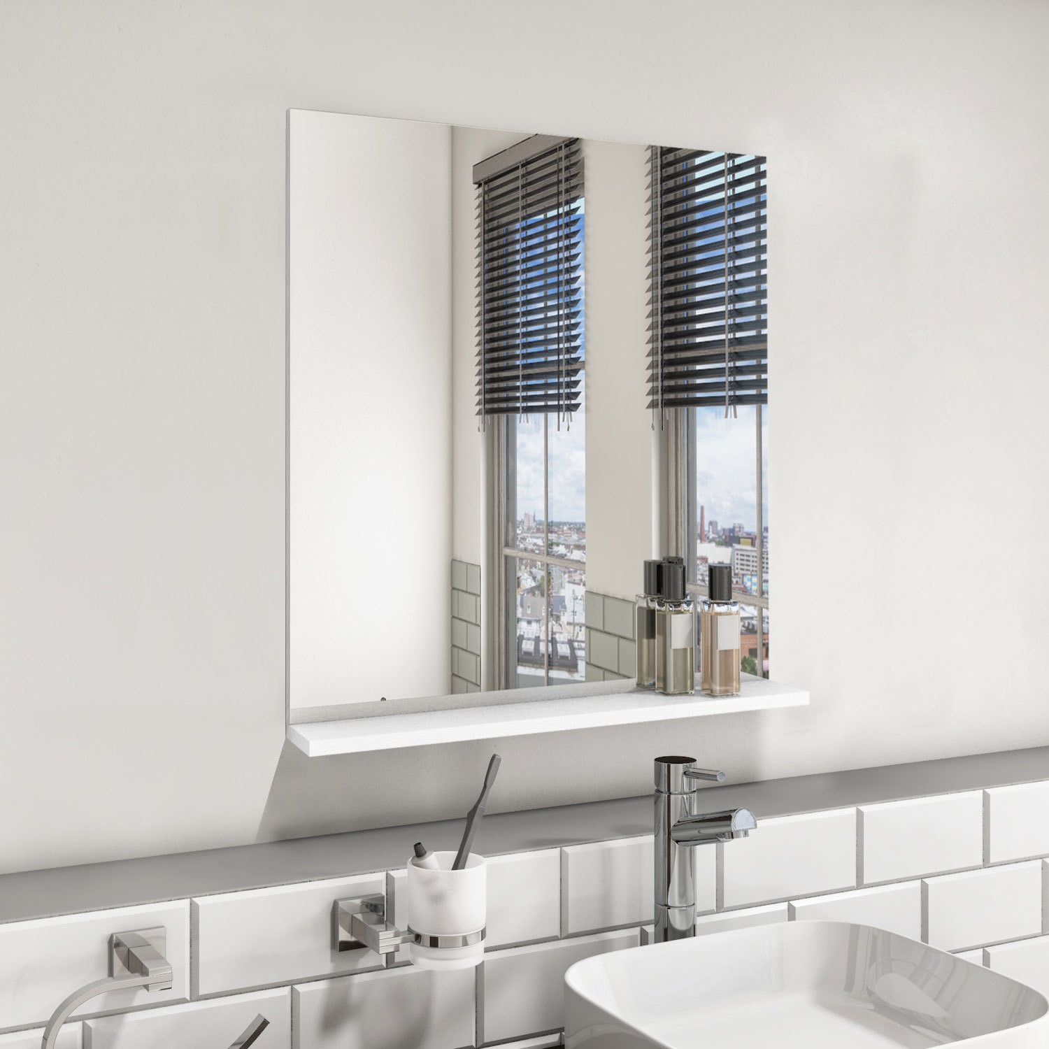 Rectangular White Mirror With Shelf 600 x 650mm - Boston