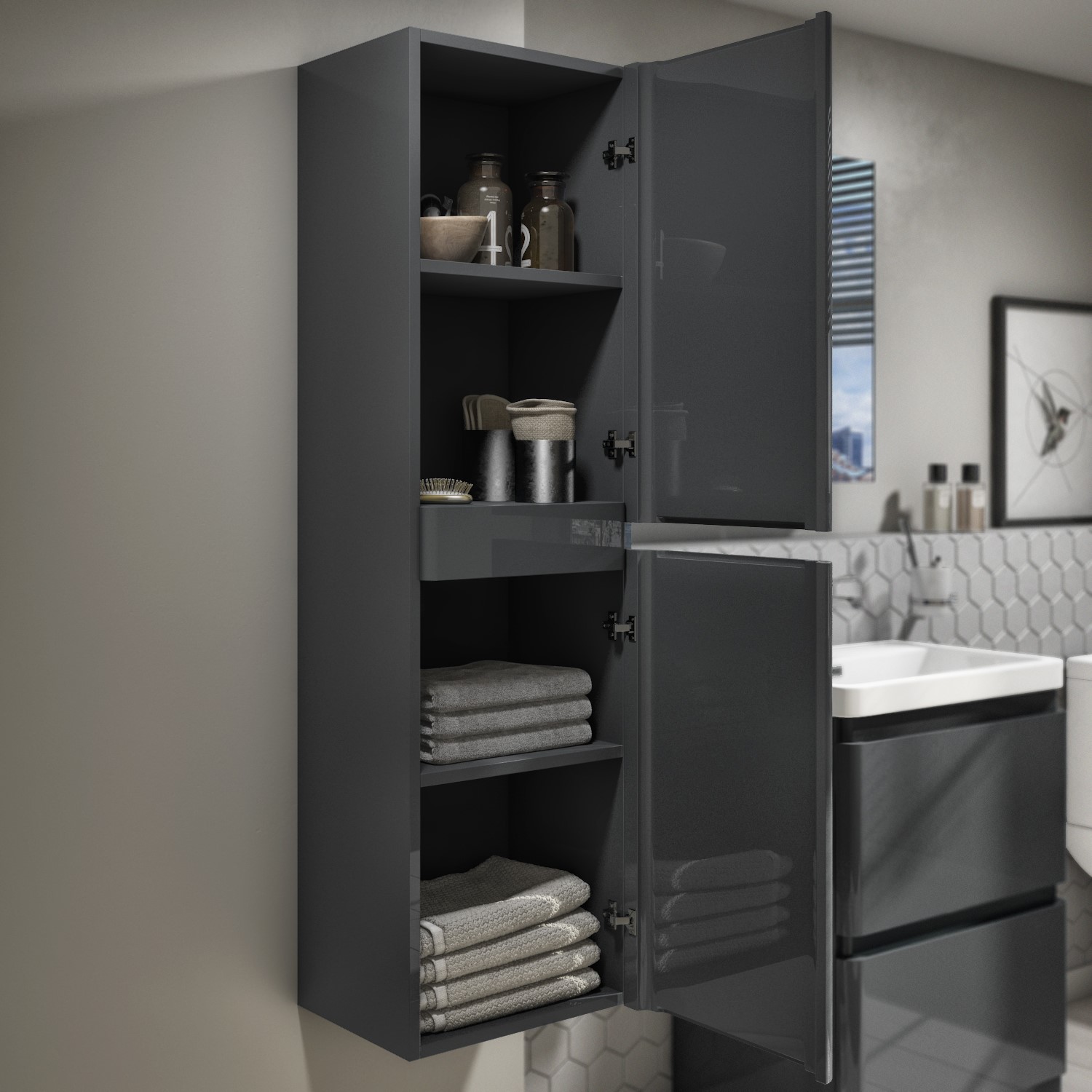 400mm Dark Grey Wall Mounted Tall Bathroom Cabinet - Portland BeBa ...