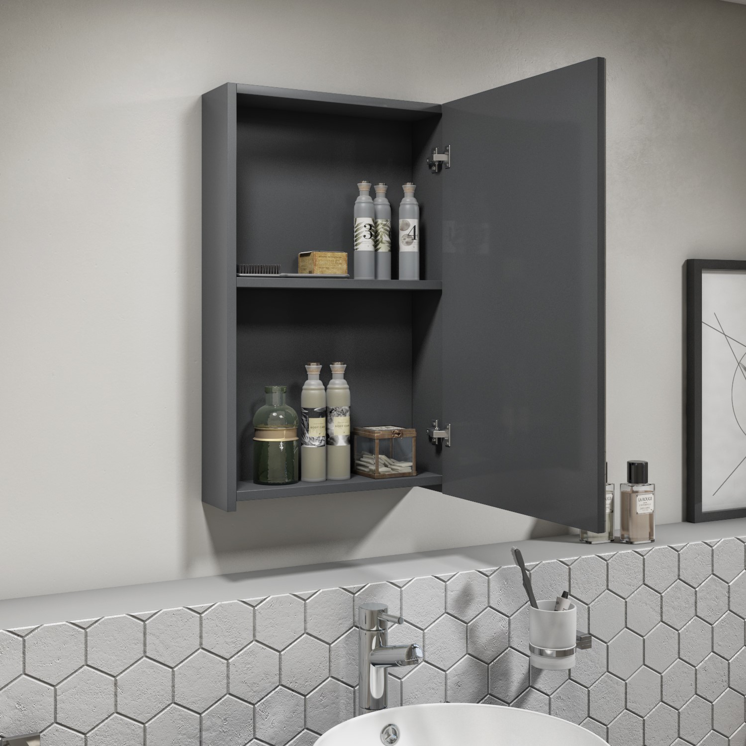 400mm Wall Mounted Mirrored Cabinet Dark Grey Gloss Single ...