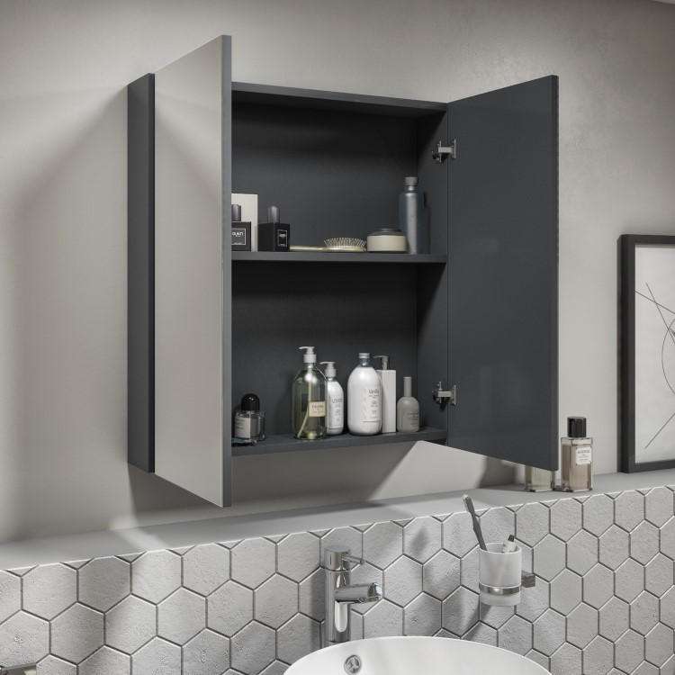 Dark Grey Mirrored Wall Bathroom Cabinet 600 x 650mm - Portland