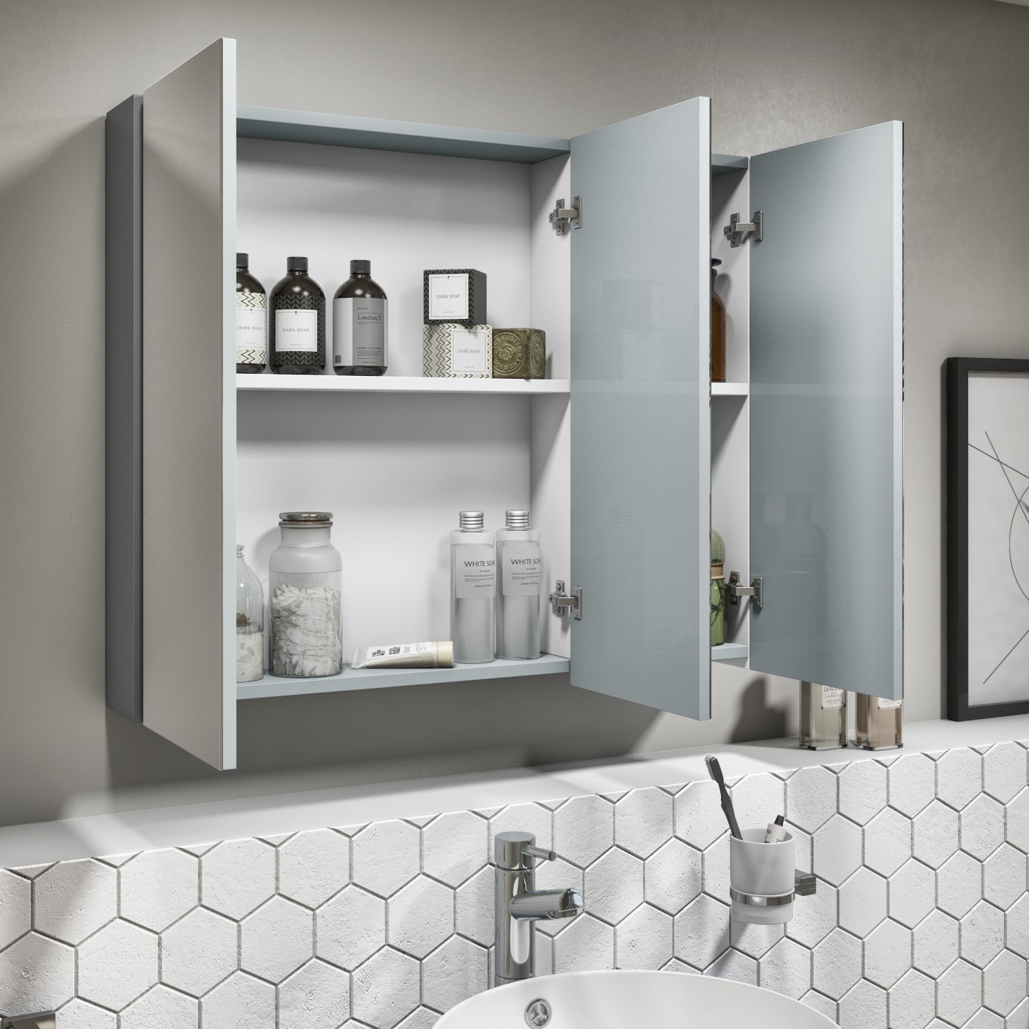800mm Light Grey Gloss Wall Hung Mirrored 3 Door Cabinet