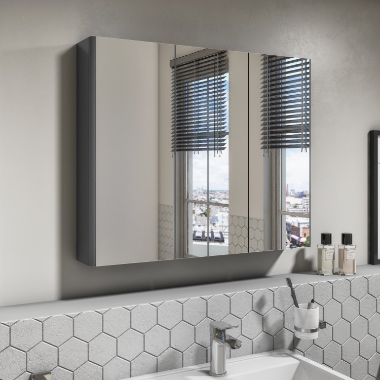 800mm Dark Grey Gloss Wall Hung Mirrored 3 Door Bathroom Cabinet - Portland
