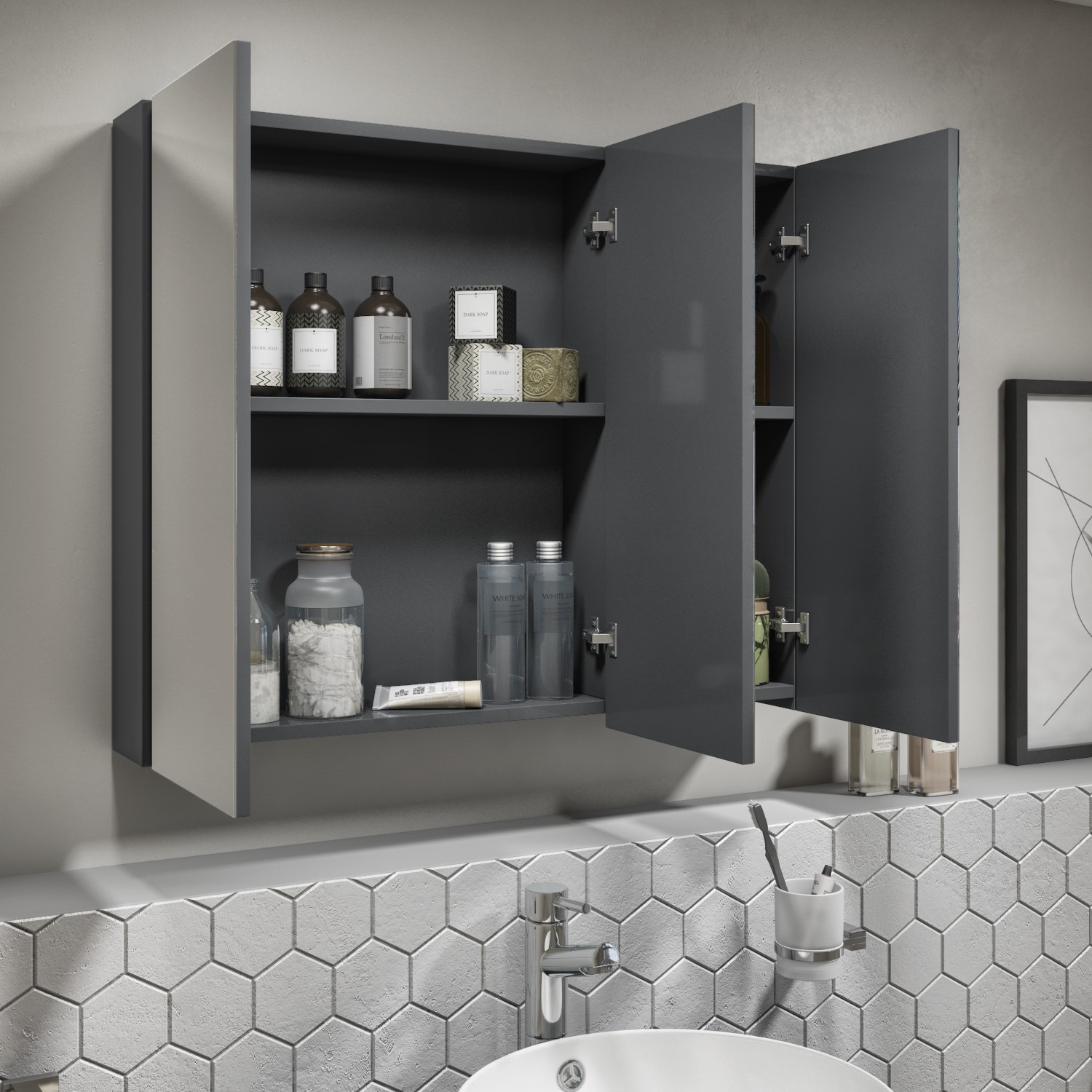 Bathroom Wall Cabinets 800mm Dark Grey Gloss Wall Hung Mirrored 3 Door Bathroom Cabinet - Portland  BeBa_17571 | Appliances Direct