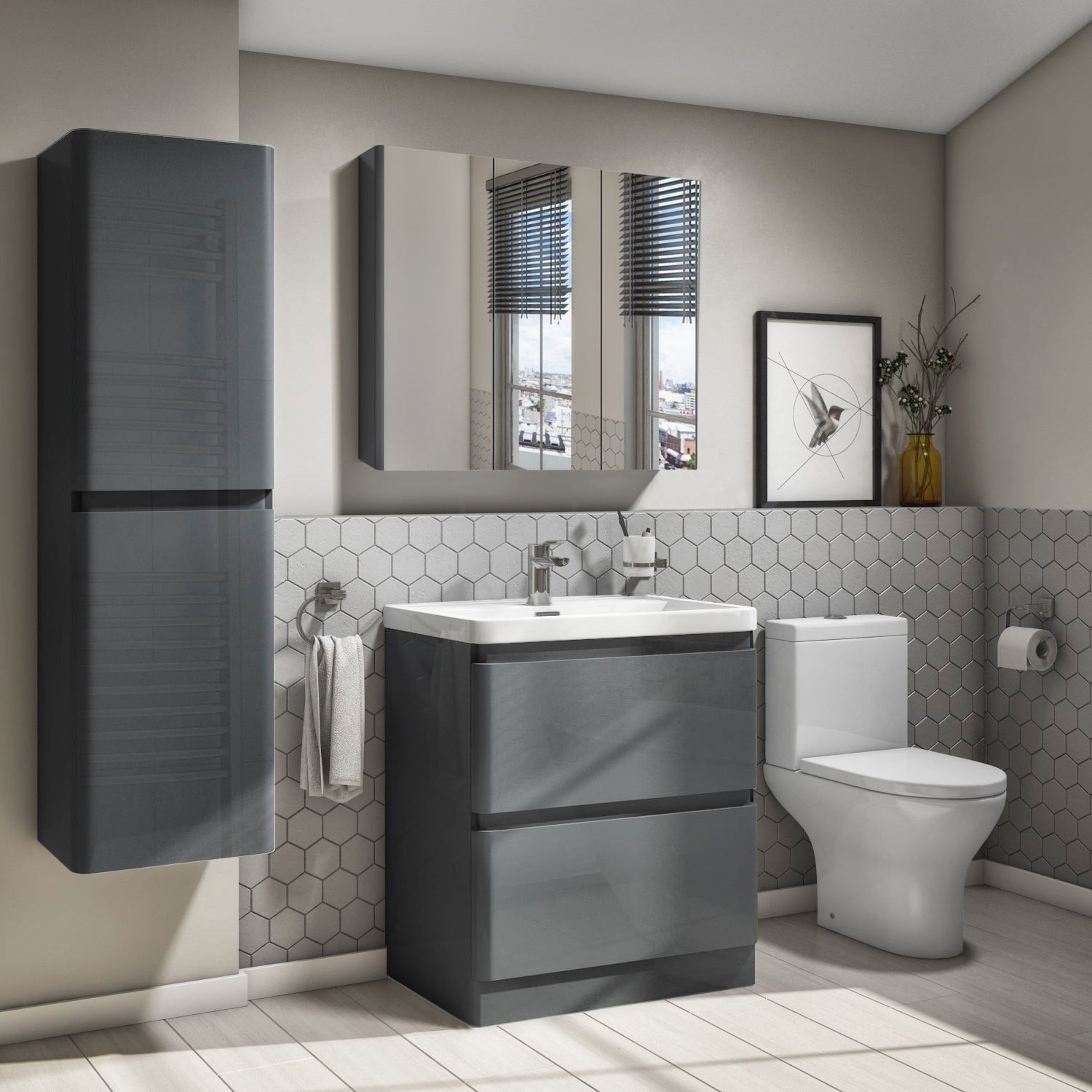 Grey gloss shop bathroom cabinet