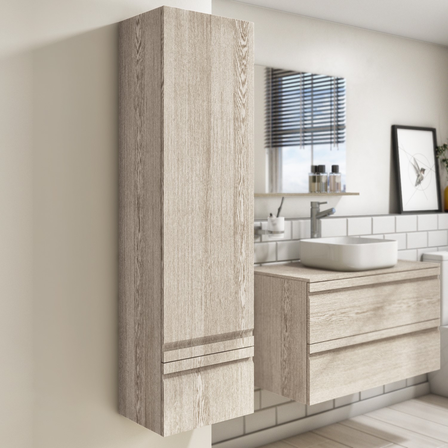 Light Wood Effect Wall Mounted Tall Bathroom Cabinet 400mm - Boston