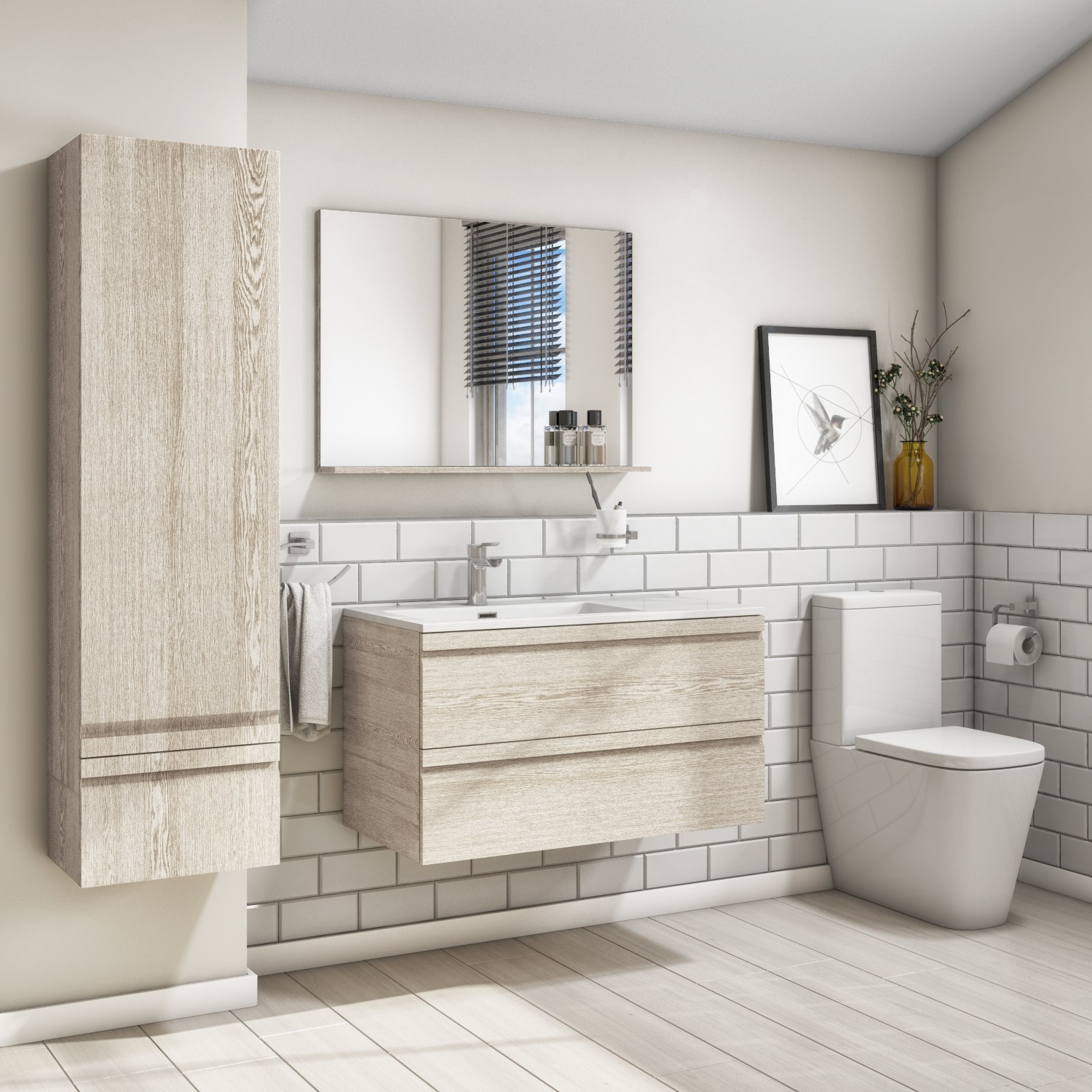 Single Door Light Wood Effect Wall Mounted Tall Bathroom Cabinet
