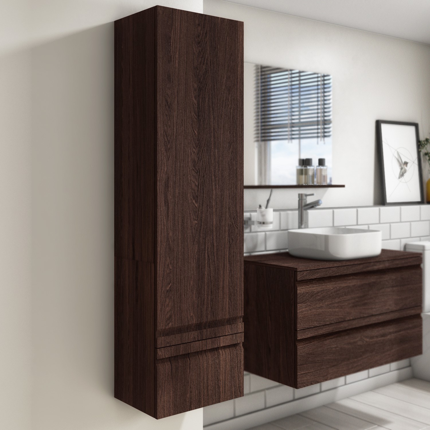 Dark Wood Effect Wall Mounted Tall Bathroom Cabinet 400mm - Boston