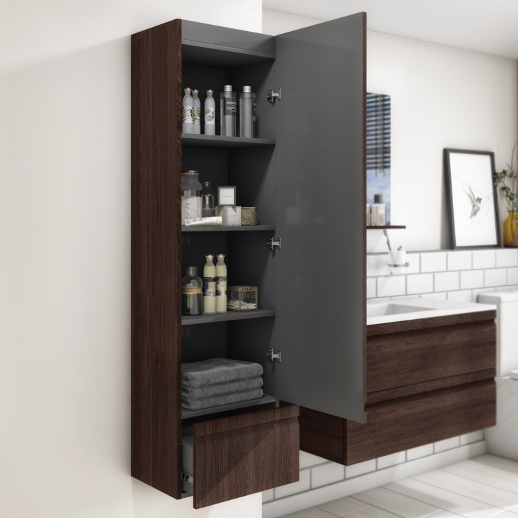 Single Door Dark Wood Effect Wall Mounted Tall Bathroom Cabinet 400mm x 1450mm - Boston