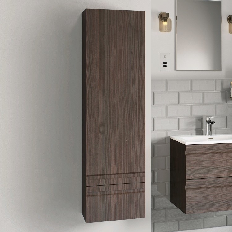 Single Door Dark Wood Effect Wall Mounted Tall Bathroom Cabinet 400mm x 1450mm - Boston