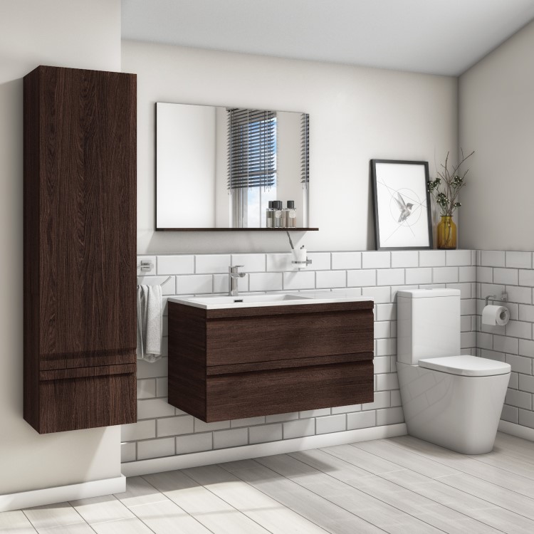 GRADE A2 - Dark Wood Effect Wall Mounted Tall Bathroom Cabinet 400mm - Boston