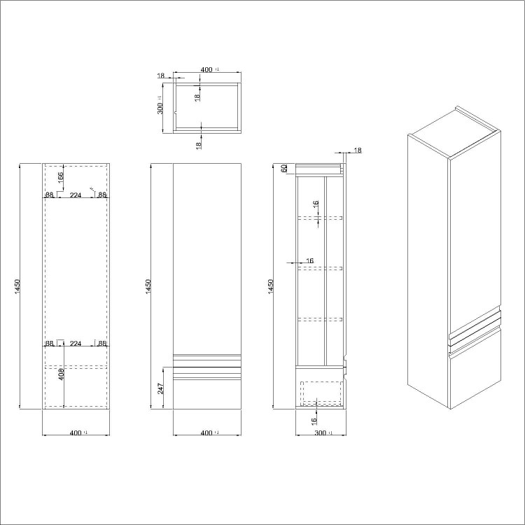GRADE A2 - Dark Wood Effect Wall Mounted Tall Bathroom Cabinet 400mm - Boston