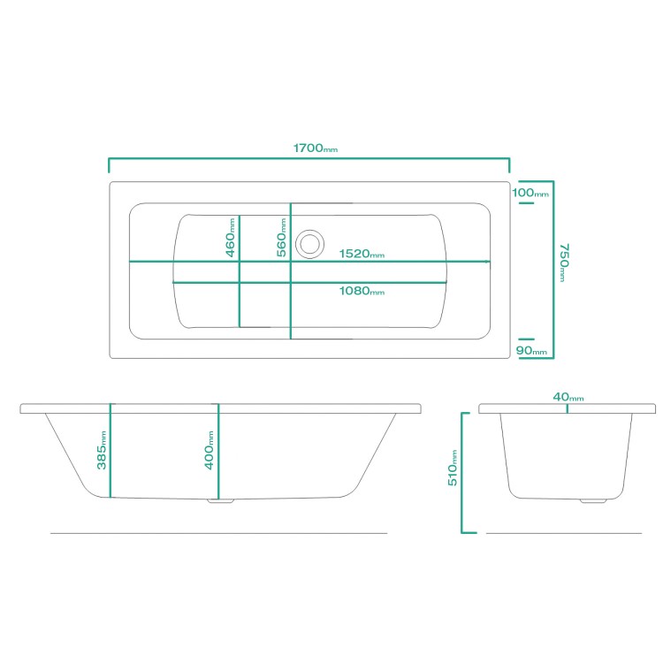 1700 x 750 Chiltern Double Ended Square Bath with Front Panel and Aqua Bath Filler
