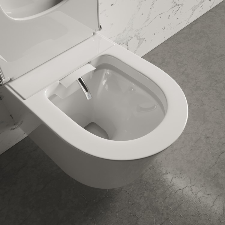 Wall Hung Smart Bidet Japanese Toilet with Black Glass Cabinet, Frame, Cistern & Pneumatic Dual Flush Button - Purificare