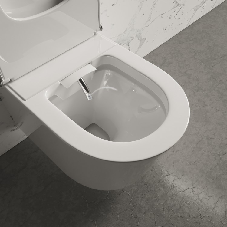 Wall Hung Smart Bidet Japanese Toilet & 820mm Frame Cistern and Black Sensor Flush Plate - Purificare