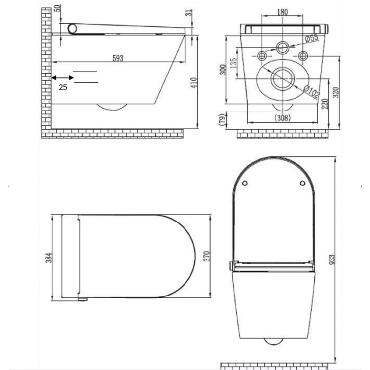 Wall Hung Smart Bidet Japanese Toilet with White Glass Cabinet, Frame, Cistern & Pneumatic Dual Flush Button - Purificare