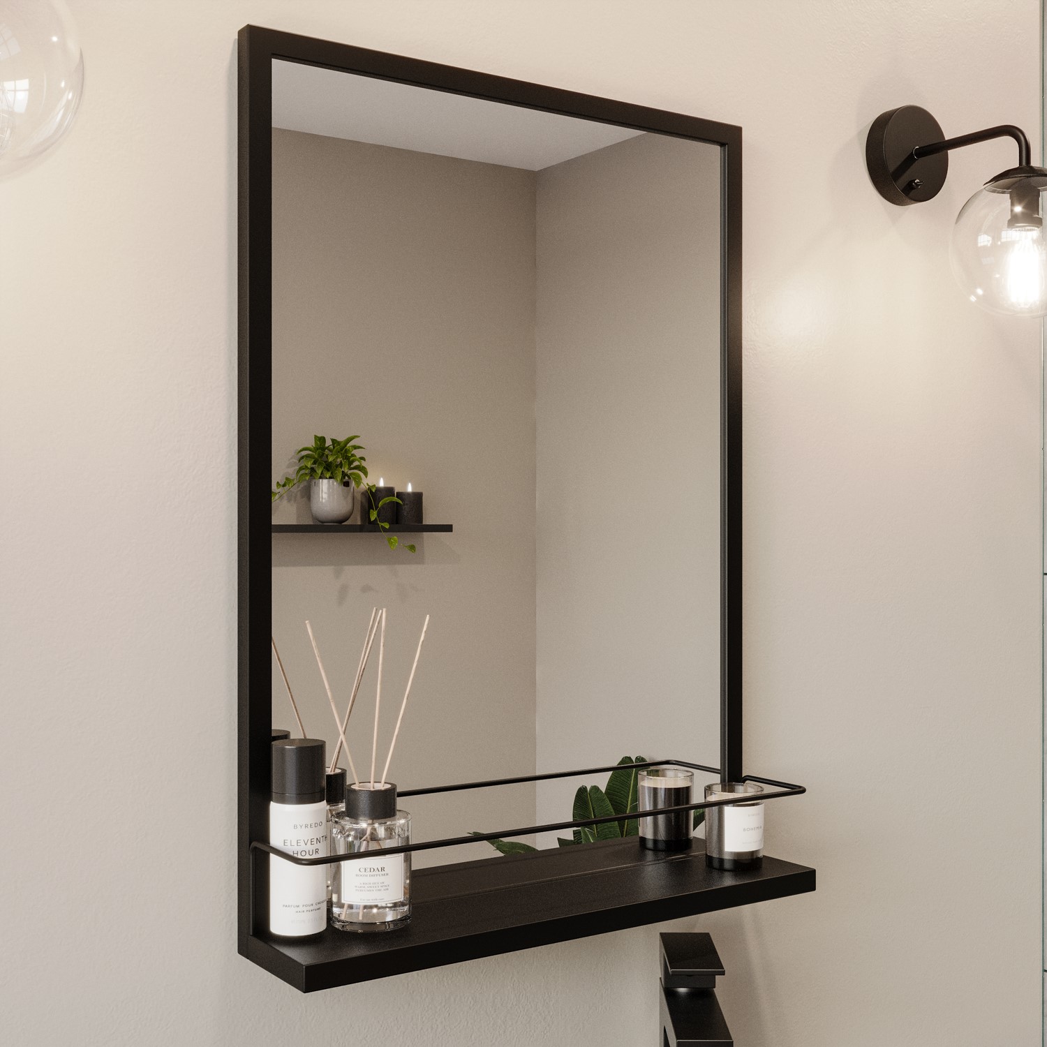 Rectangular Black Bathroom Mirror with Shelf - 500 x 700mm - Iona