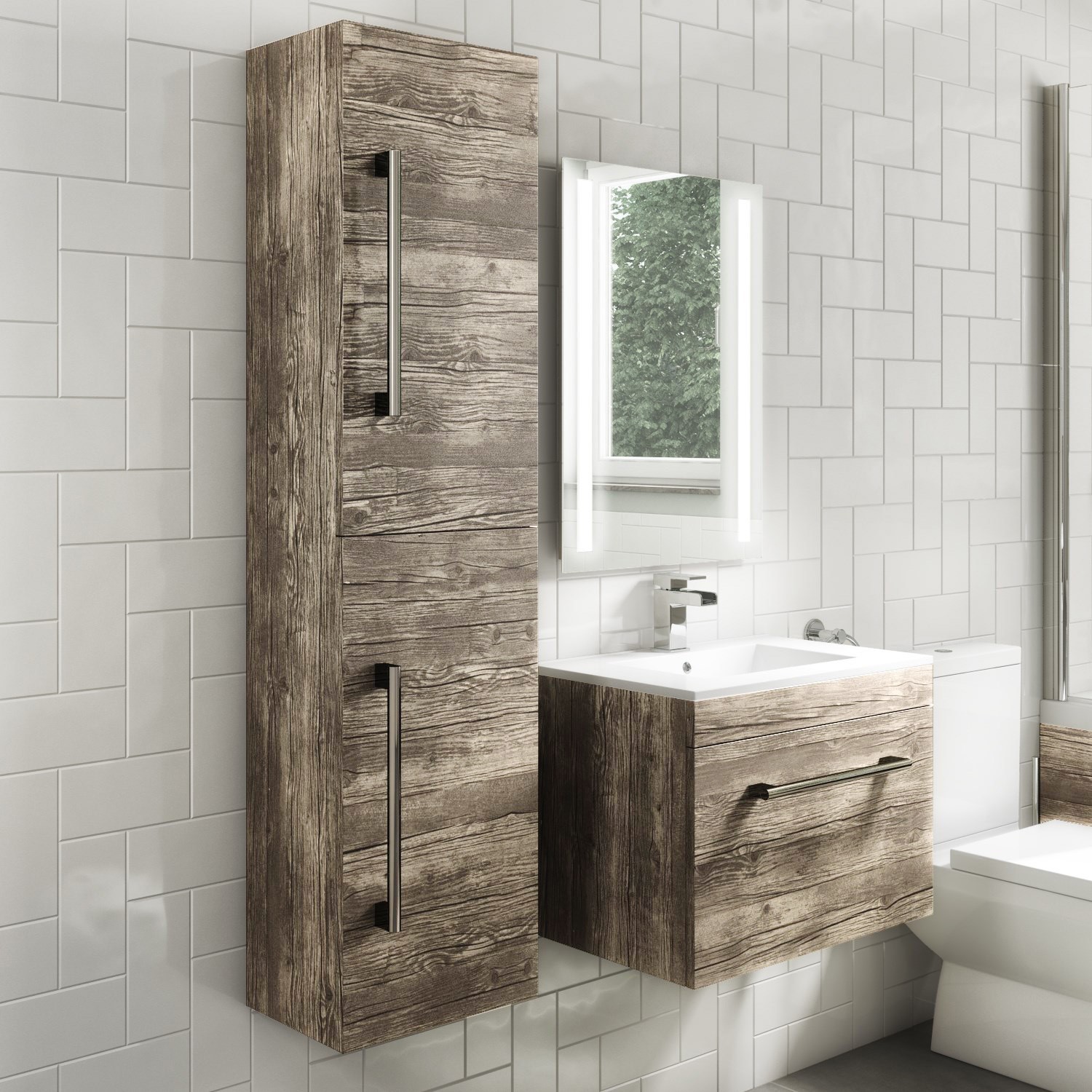 350mm Wood Effect Wall Hung Tall Bathroom Cabinet with Chrome Handles - Ashford