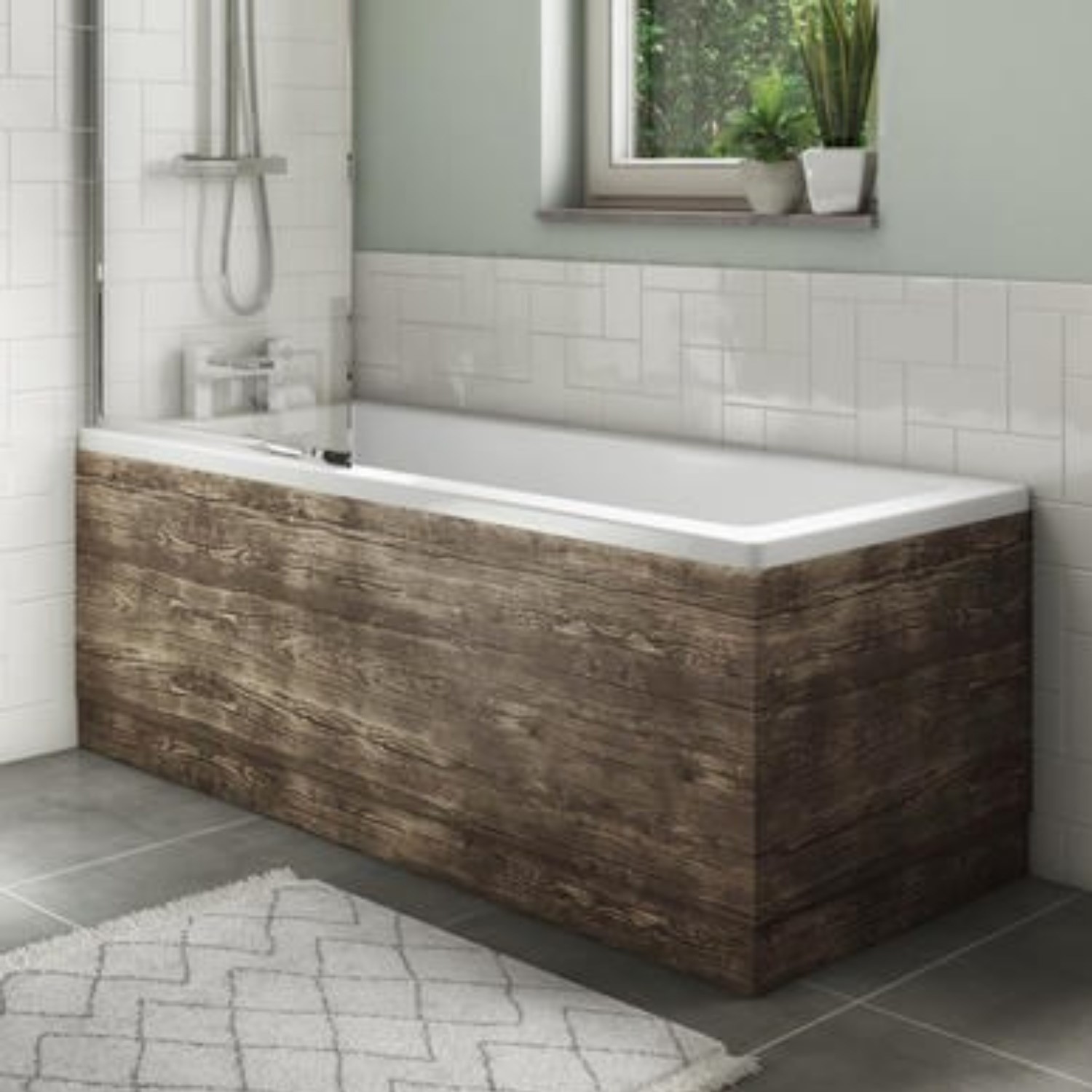 1500 Single Ended Square Bath with Grey Wood Grain Bath Front & End Panel