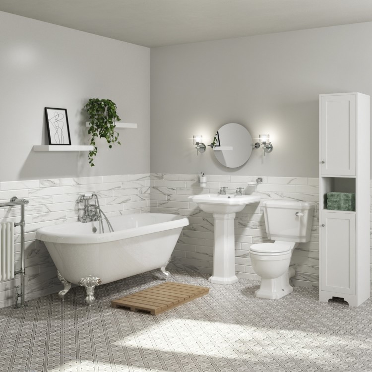 GRADE A3 - Traditional Tall Boy Bathroom Cabinet - Doors & Shelves - Matt White - Baxenden