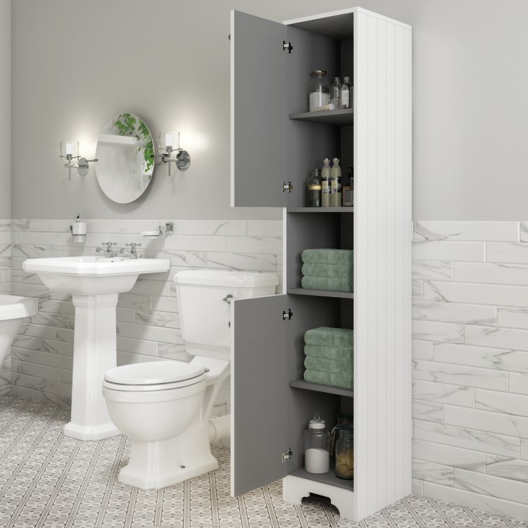 GRADE A3 - Traditional Tall Boy Bathroom Cabinet - Doors & Shelves - Matt White - Baxenden